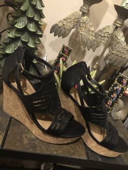 NEW Report Size 7.5 Cinnamon Black Wedge High Platform Buckle Open Toe Shoes