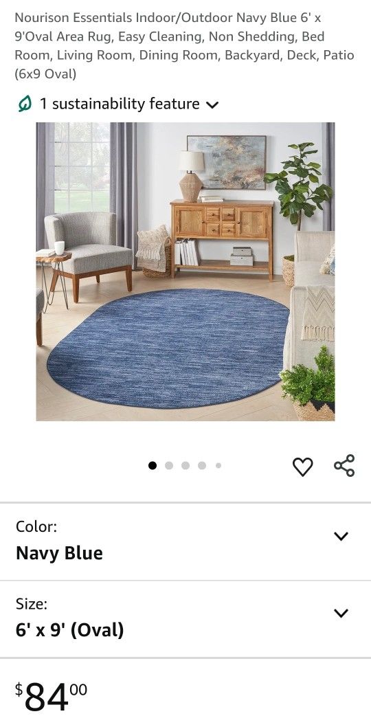 Nourison Essentials Indoor/Outdoor Navy Blue 6' x 9'Oval Area Rug, Easy Cleaning, Non Shedding, Bed Room, Living Room, Dining Room, Backyard, Deck, Pa