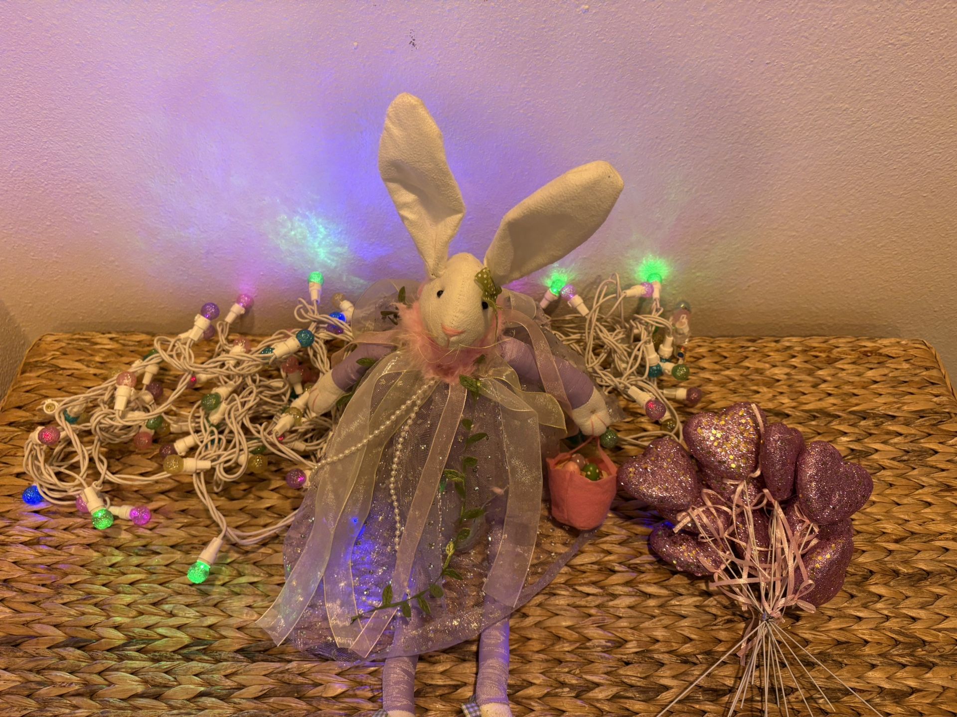 Easter Bunny Decorations - sitting bunny, 2 strands of pastel lights & glitter hearts - Simi