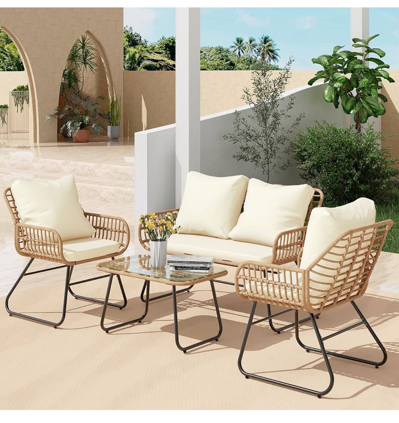 4-Piece Outdoor Patio Furniture Set with Cushions & Tempered Glass Table, All-Weather Rattan Bistro Set