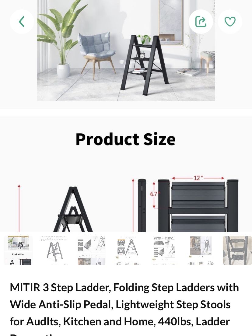 MITIR 3 Step Ladder, Folding Step Ladders with Wide Anti-Slip Pedal, Lightweight Step Stools for Audlts, Kitchen and Home, 440lbs, Ladder