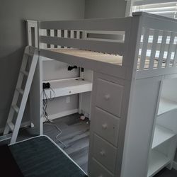 Lofted Bed With Desk, Drawer, And Shelf Below