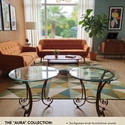 Stunning Vintage-Style Glass & Golden Scroll End Tables –  $150 Pair