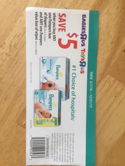 Pampers Diapers Coupon 5$ off any box of diapers and wipes Babies R Us