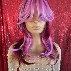 Red Mixed Pink Synthetic Hair Wig New  16"