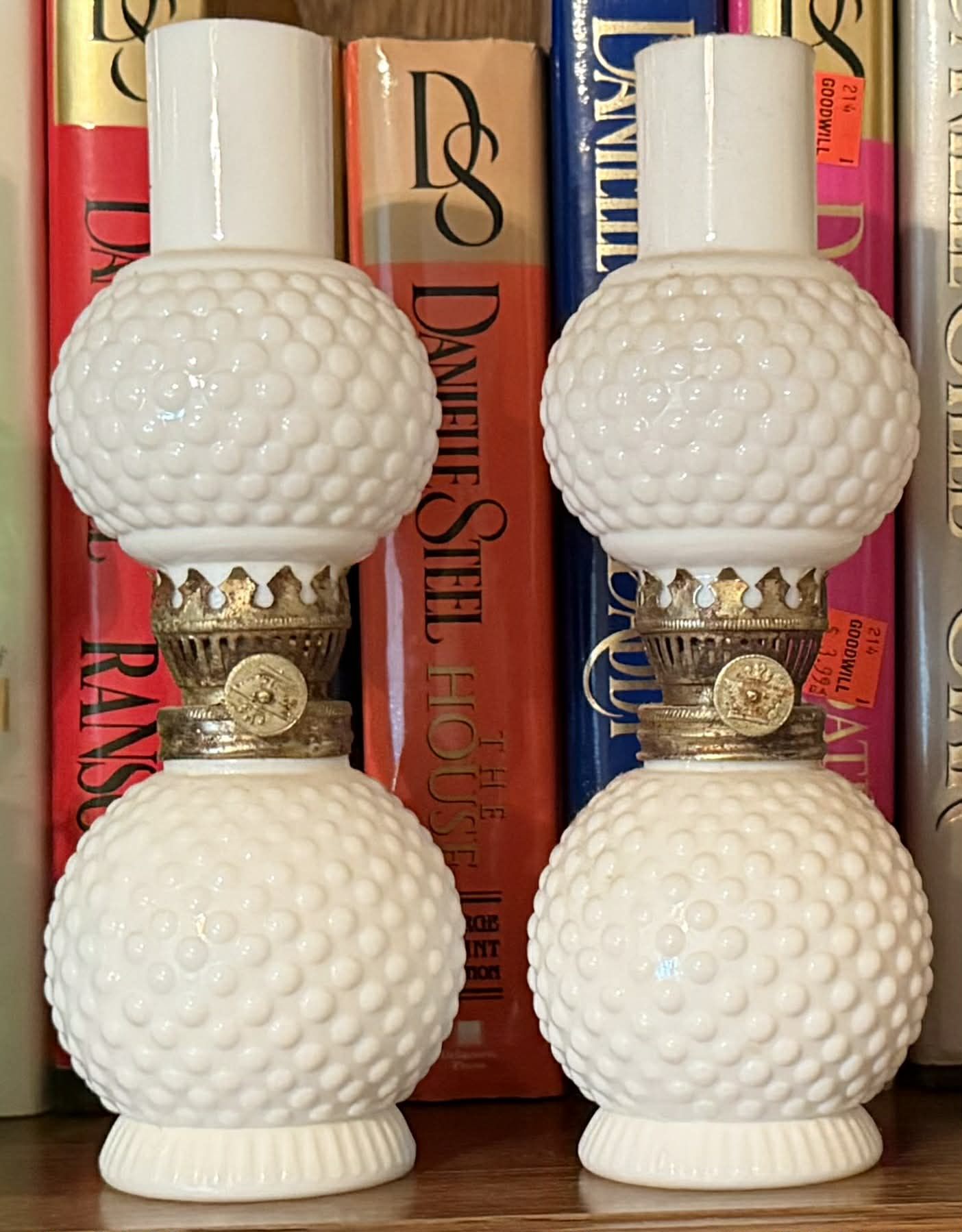 Set of 2 Vintage 8" Milk Glass Hobnail Oil Lamps