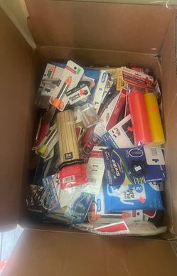 Box full of kitchen and bathroom items