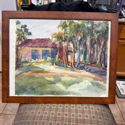 Vintage Framed Watercolor Painting Of A Tropical House Scene Signed