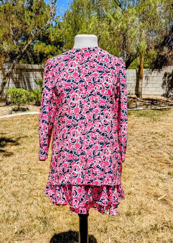 Vintage Silk Studio Button-Down Sz4 2-Pc Pink Circles L/S Top & Skirt Dress EUC