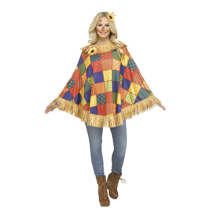 Friendly Scarecrow Poncho Multi-Color Costume Set, Women Female Adult