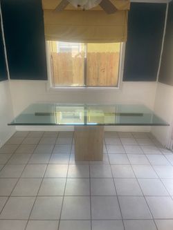 Vintage Italian Travertine and Brass Dining Table, Glass Top, 78”