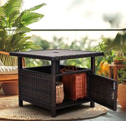 Umbrella Table with 2 Weight Bags Outdoor Patio Umbrella Side Table with Umbrella Hole Small Brown Wicker End Table for Outside Storage Coffee Table
