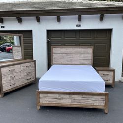 BEAUTIFUL SET QUEEN IN MDF W BOX + MATTRESS / DRESSER W MIRROR & NIGHTSTAND - BY CROWN MARK FURNITURE - GOOD CONDITION - Delivery Available