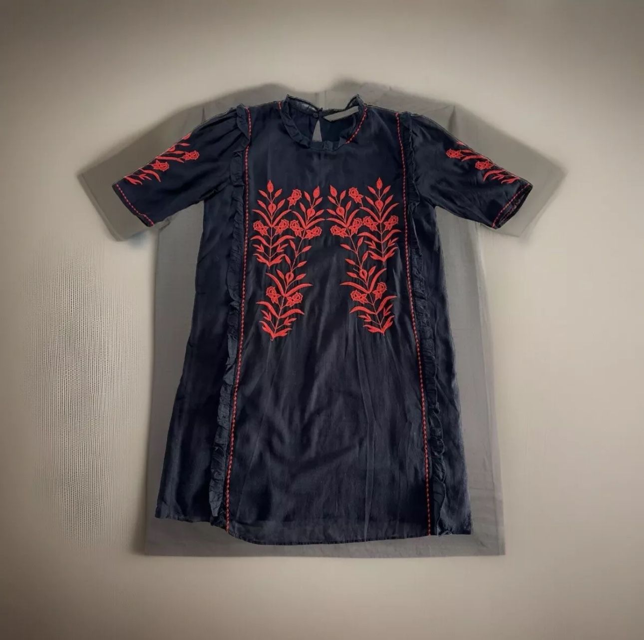 NWT Zara Embroidered Black Red Short Sleeve Boho Cotton Tunic Dress - Size S
