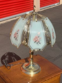 Vintage Brass Table Lamp with Floral Glass Panels