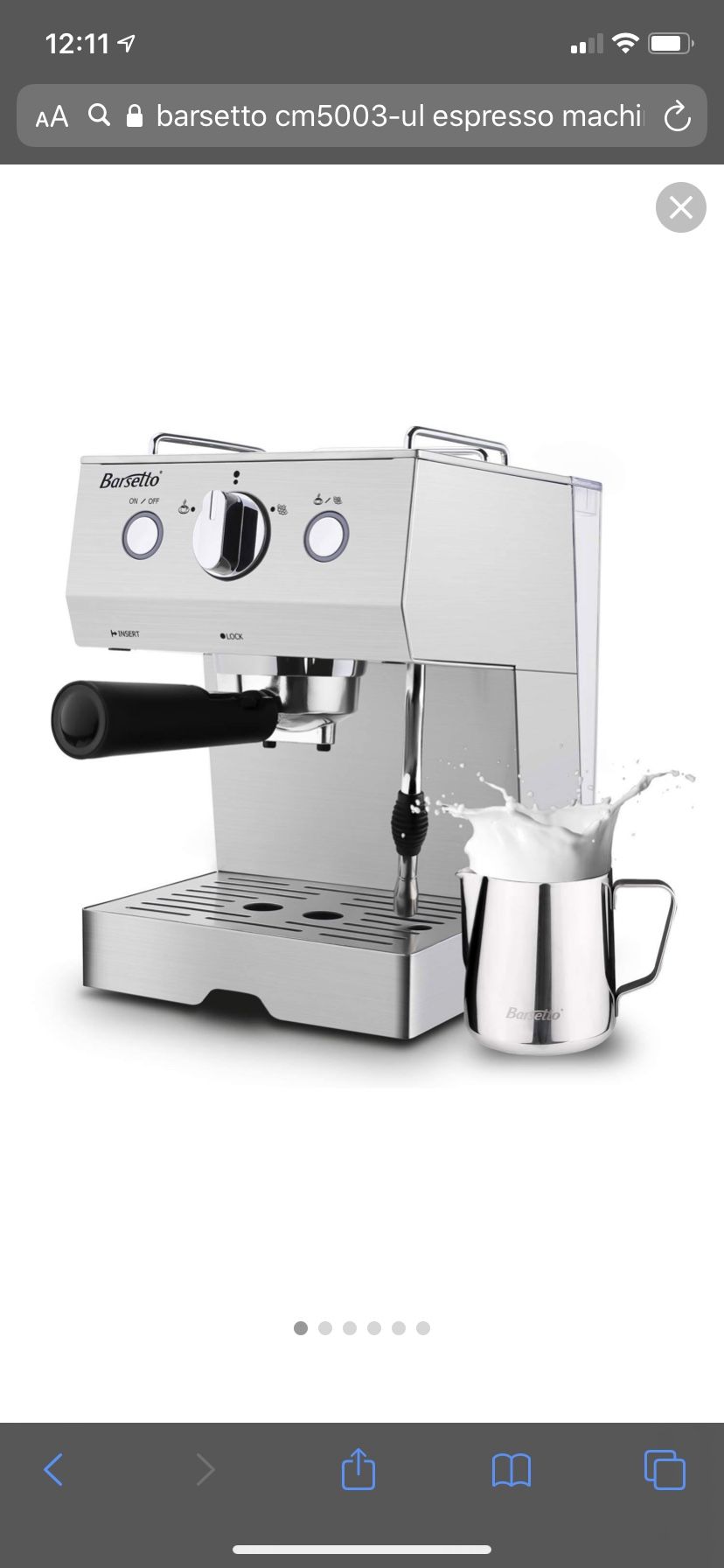 Barsetto Espresso Machine With Milk Frother,Espresso Maker, Coffee Maker with milk steamer,1050W,15 Bar Pump,Stainless Steel