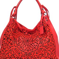 Used Isabella Fiore - Bright Coral Leather Lasercut Floral Tote Bag