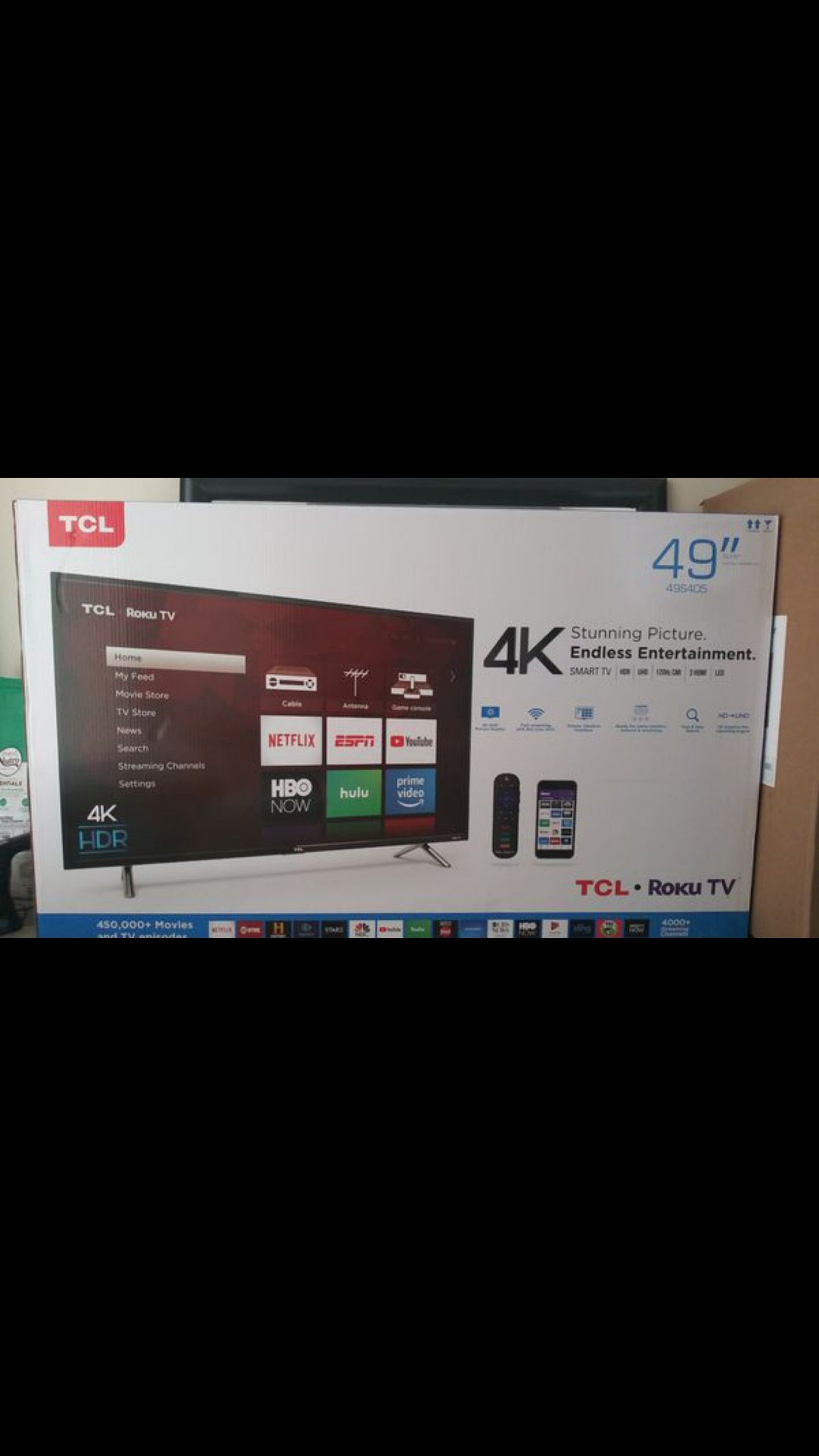 Brand New in Sealed Box! 49" TCL Roku TV 4K Smart TV HDR, UHD, 120Hz CMI, 3 HDMI, LED 49S405