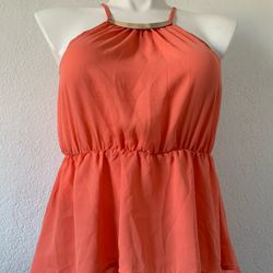 Halter Spaghetti Strap Garterized Smock Top with Gold Plate Necklace