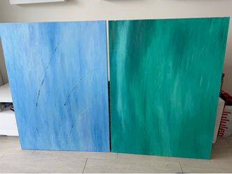 Set of 2 Large Abstract Canvas Paintings – Blue & Emerald Green