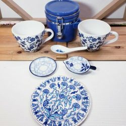 Beautiful Cobalt Blue & White Kitchen Collection! Tea Strainer & Under Plate, 2 Floral Mugs, Ceramic Hot Plate, Ceramic Canister With Airtight Lid & D
