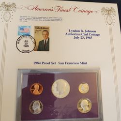 1973 Lyndon Johnson Stamp And 1984 Proof U.S. Coin Set