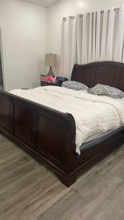Dark Cherry Wood Sleigh Bed Frame and nightstands