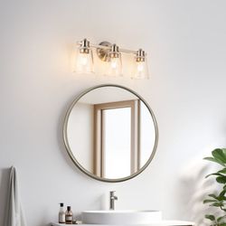 PE332: 3 Lights Brushed Nickel Vanity Lights Bathroom Light Fixtures with Cone Shaped Clear Glass Shade