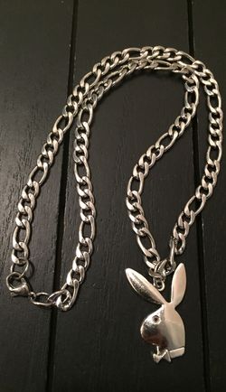 18” Rhodium Plated Cubano Cuban Style Silver Necklace with Playboy Bunny Pendant (Free Gift! pictured last)