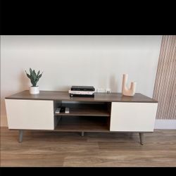 TV Stand for 55 60 inch TV, Boho Entertainment Center with Storage Cabinets, TV Console for Living Room Decor, Greige White