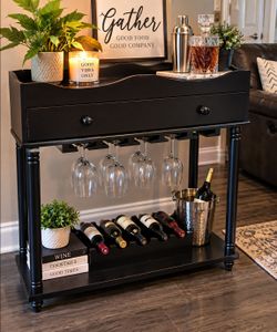 🍷 Elegant Wood Wine Bar Console Table with Drawer & Wine Glass Storage