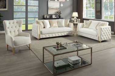 White Tufted Sofa Set with Gold Legs