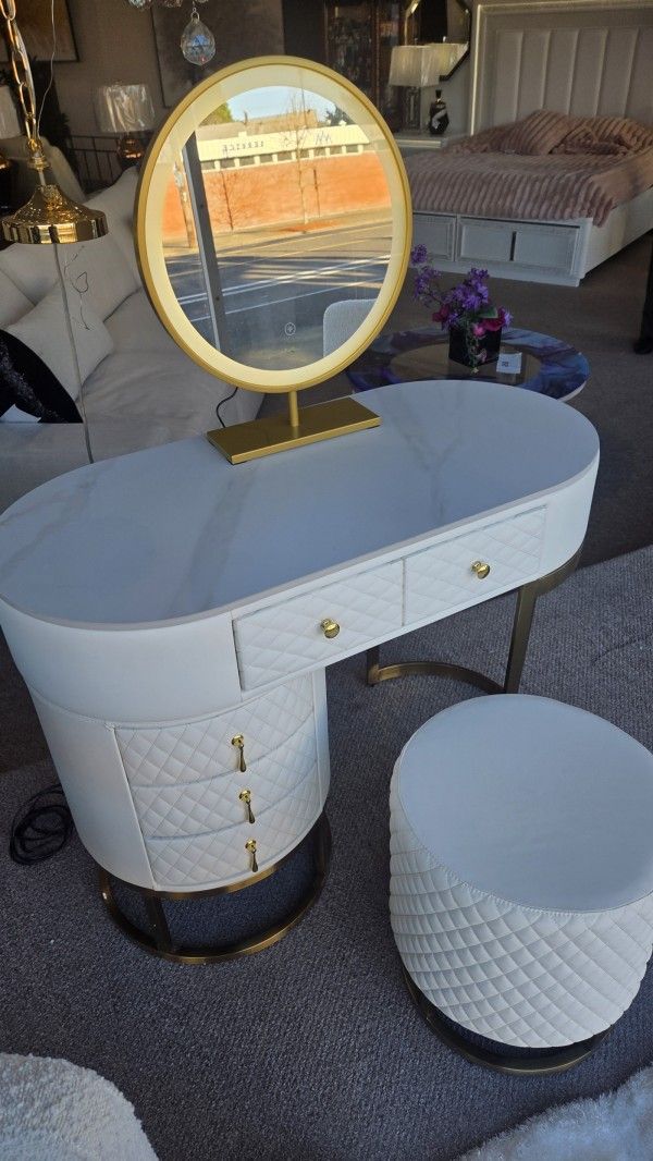 White Vanity, LED Mirror and Stool New