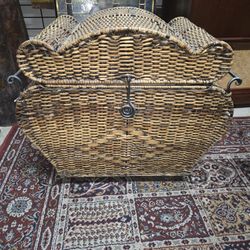 Vintage Brown Woven Wicker basket with wrought iron handles