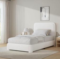 Twin Bed Frame, Cloud Boucle Headboard, Rounded Corners, White