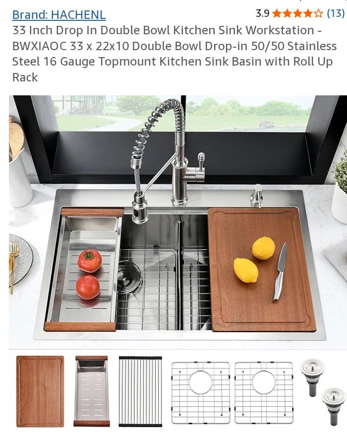 33 Inch Drop In Double Bowl Kitchen Sink Workstation -BWXIAOC 33 x 22x10 Double Bowl Drop-in 70/30 Stainless Steel 16 Gauge Topmount Kitchen Sink Basi