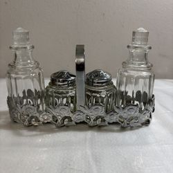 Vintage Glass 4 Piece Set Salt Pepper Oil Vinegar And Display Case