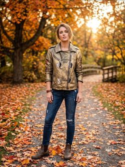 Custom hand-painted metallic gold faux-leather moto jacket brand Scoop Sz L