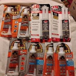 New In Packaging 2) JB WELD Bumper Weld. 3) Gorilla Max Strength Clear Construction Adhesive 3) Gorilla Caulk And Seal Silicone Sealant 