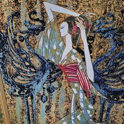 Modern Asian Woman Geisha Framed Painting Textured Wall Art Home Decor 34x34