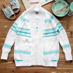 SIZE 6-7 GIRLS TURQUOISE & IVORY KNITTED SWEATER CARDIGAN 