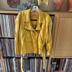 Andrew Marc VTG Hot GOLDEN YELLOW , lined LAMBSKIN LEATHER Moto Jacket w/ Belt, M