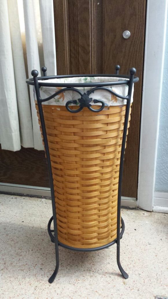 Longaberger wrought iron umbrella stand with basket and liner for Sale