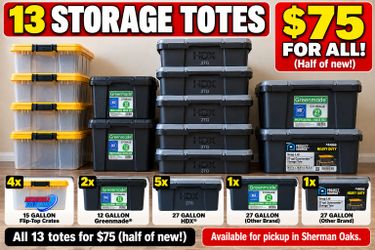 13 Heavy-Duty Storage Totes – Various Sizes – $75
