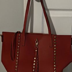 Carlos Santana Red Leather Tote Handbag Purse With Gold Studs 