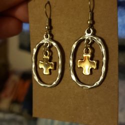 Two Tone Gold and Silver Cross Earrings 