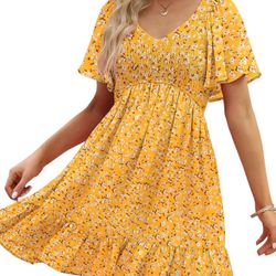 Womens Cute Floral Smocked V Neck Flutter Sleeve Sundress with Pockets Casual Spring Summer Dresses for Women 2025