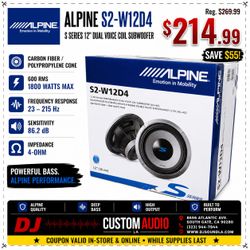 Alpine S Series Bass Speaker 12" Dual Voice Coil Subwoofer 1800 Watts S2-W12D4 🚨 Payment Options Available 🚨 No Credit Needed 🚨
