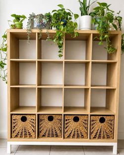 IKEA Large Wood Cube Storage Unit with 4 Woven Baskets – 58”W x 67”H