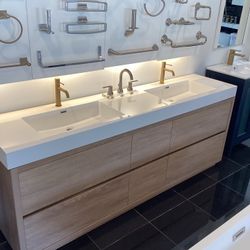 84” Bathroom Vanity Cabinet New Light Oak Wood Color Fully Assembled Softclose Drawers White Top 2 Sinks Integrated Ready For Pick Up Today